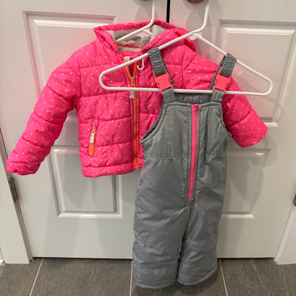 USED 24mo girls puffy snowsuit, Carter’s, pink/gray winter jacket & overalls